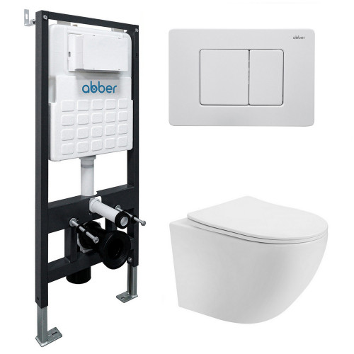 Комплект подвесной унитаз ABBER Bequem AC1100T белый с инсталляцией AC0105 и кнопкой AC0120MW белая матовая