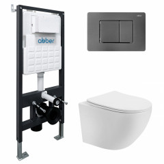 Комплект подвесной унитаз ABBER Bequem AC1100T белый с инсталляцией AC0105 и кнопкой AC0120NG никель