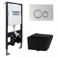 Комплект подвесной унитаз ABBER Rechteck AC1201MB черный матовый с инсталляцией AC0105 и кнопкой AC0121 хром