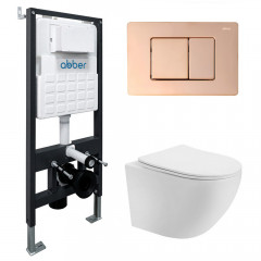 Комплект подвесной унитаз ABBER Bequem AC1100T белый с инсталляцией AC0105 и кнопкой AC0120RG золото розовое