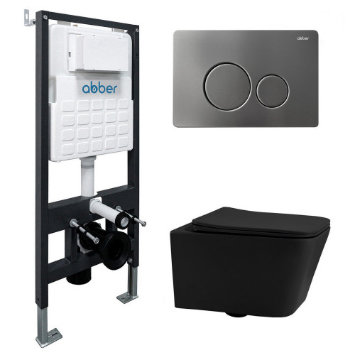 Комплект подвесной унитаз ABBER Rechteck AC1201MB черный матовый с инсталляцией AC0105 и кнопкой AC0121MCH матовый хром