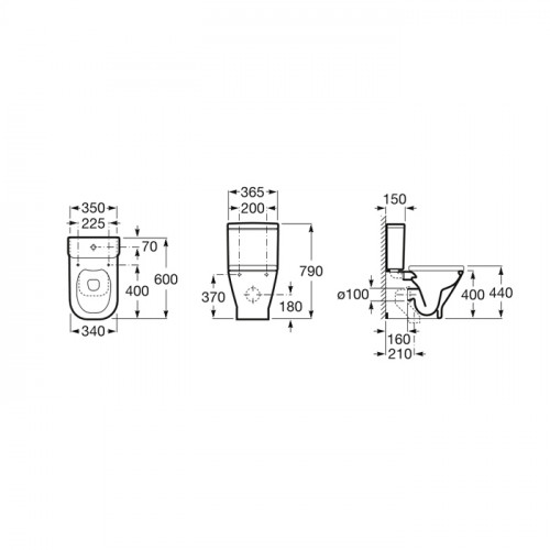 Roca The Gap Square чаша унитаза приставная Rimless 365x600x400 мм, с двойным выпуском, белый