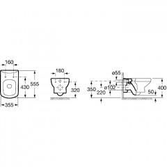 Roca Dama Senso чаша унитаза подвесная 355x555x350 мм, с горизонтальным выпуском, белый