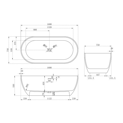 Ванна из искусственного камня ABBER Stein AS9613-1.6 белая матовая