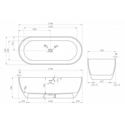 Ванна из искусственного камня ABBER Stein AS9613-1.7 белая матовая