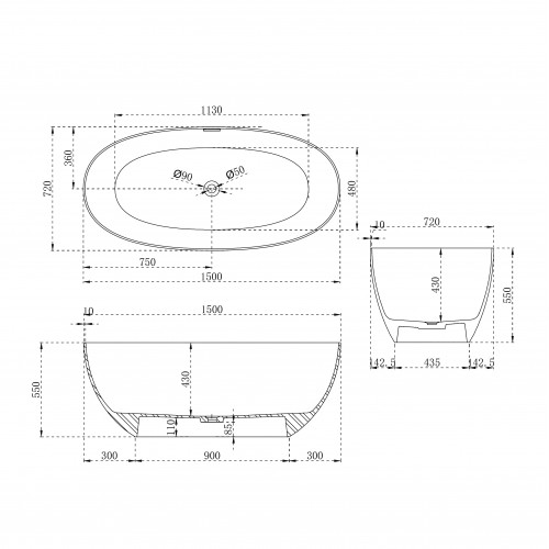 Ванна из искусственного камня ABBER Stein AS9624-1.5 белая матовая