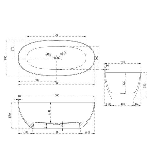 Ванна из искусственного камня ABBER Stein AS9624-1.6 белая матовая