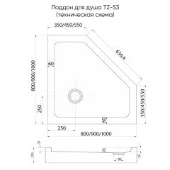 Душевой поддон пятиугольный (трапеция) Veconi Tezeo Acrylic TZ-53, 800x800x150, акрил, белый