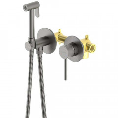AQ1319BGM ЕВРОПА комплект для гигиенического душа встроенный 2 отв. (смеситель + гигиеническая лейка + шланг), оружейная сталь (шлиф. черный хром)