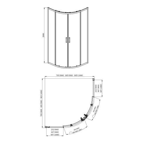 AQ ARI RO 09020GM Душевой уголок 1/4 круга, двери раздвижные 900x900x2000, профиль оружейная сталь, стекло прозрачное