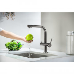 AQ1385BGM ЕВРОПА смеситель для кухни с подключением к фильтру питьевой воды, оружейная сталь (шлиф. черный хром)