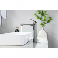 AQ1704BGM ЛУГАНО смеситель для раковины высокий 217, без донного клапана, оружейная сталь (шлиф. черный хром)