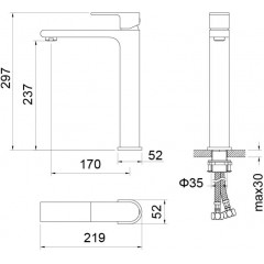 AQ1404CR ЛИРА смеситель для раковины высокий 237, без донного клапана