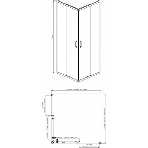 AQ ARI KV 10020BL Душевой уголок квадратный, двери раздвижные 1000x1000x2000 профиль черный, стекло прозрачное