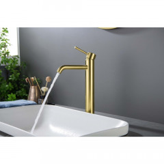 AQ1304BG ЕВРОПА смеситель для раковины высокий 215, без донного клапана, шлиф. золото