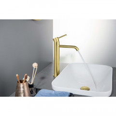 AQ1304BG ЕВРОПА смеситель для раковины высокий 215, без донного клапана, шлиф. золото