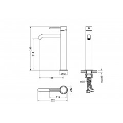 AQ1304BGM ЕВРОПА смеситель для раковины высокий 215, без донного клапана, оружейная сталь (шлиф. черный хром)