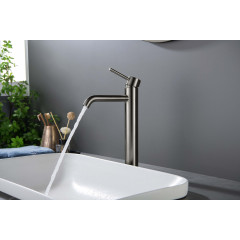 AQ1304BGM ЕВРОПА смеситель для раковины высокий 215, без донного клапана, оружейная сталь (шлиф. черный хром)