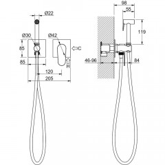 AQ1220BG ОБЕРОН комплект для гигиенического душа встроенный 2 отв. (смеситель + гигиеническая лейка + шланг), шлиф. золото