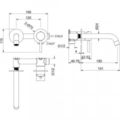 AQ1313BG ЕВРОПА смеситель для раковины настенный 2 отв. (внешняя и скрытая часть), шлиф. золото