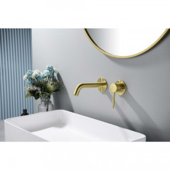 AQ1313BG ЕВРОПА смеситель для раковины настенный 2 отв. (внешняя и скрытая часть), шлиф. золото