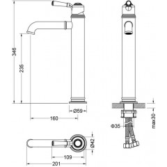 AQ1504PG КЛАССИК смеситель для раковины высокий 235, без донного клапана, полир. золото