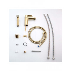 AQ1812BG НИКА смеситель для раковины 90 без донного клапана с гигиеническим ручным душем, шлиф.золото