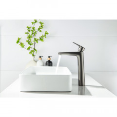 AQ1104BGM БЕТТА смеситель для раковины высокий 230, без донного клапана, оружейная сталь (шлиф. черный хром)