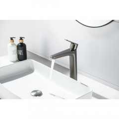 AQ1104BGM БЕТТА смеситель для раковины высокий 230, без донного клапана, оружейная сталь (шлиф. черный хром)