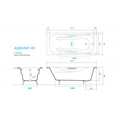 AQ8050F-00 ГАММА ванна чугунная эмалированная 1500x750 в комплекте с 4-мя ножками