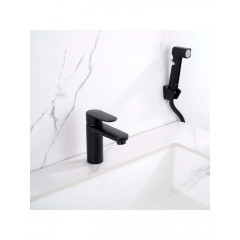 AQ1812MB НИКА смеситель для раковины 90 без донного клапана с гигиеническим ручным душем, матовый черный