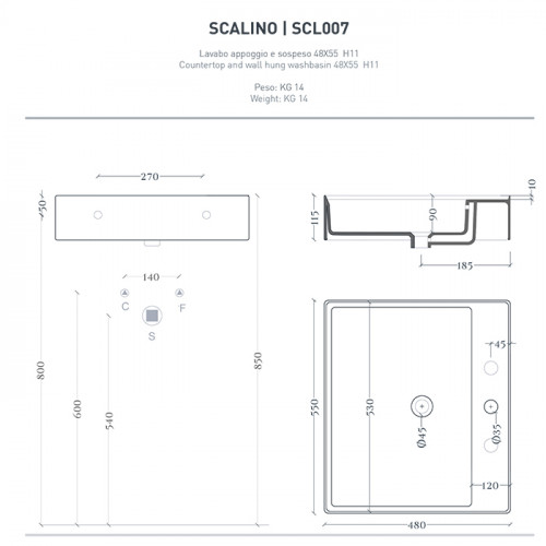Artceram SCALINO Раковина накладная 55х48 см, с 1 отв под смеситель, с переливом, цвет белый.