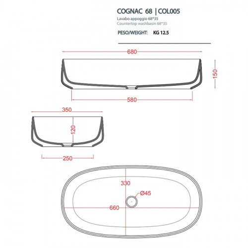 ARTCERAM COGNAC Раковина настольная 68x35 см, цвет белый, Saniglaze