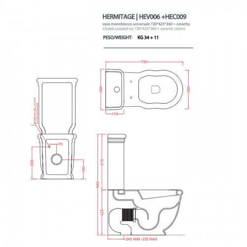 Artceram HERMITAGE унитаз моноблок пристенный 71*36см слив в стену с креплением, цвет белый
