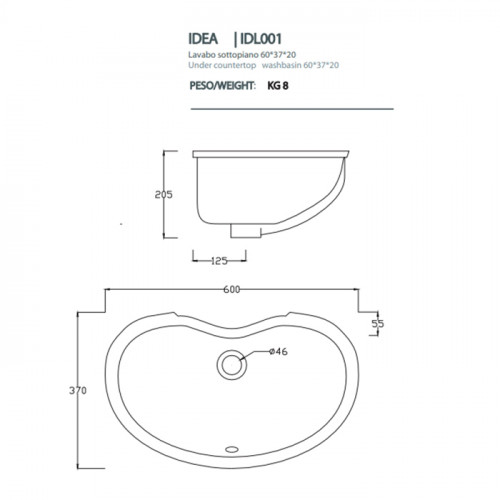 Artceram WASHBASINS IDEA Раковина встраиваемая снизу 60Х37 см, без отв под смеситель, без крепежа ACA001, цвет белый.