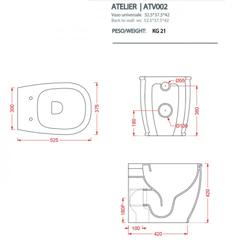 Artceram ATELIER Унитаз напольный, 52х37хh42см, безободковый, слив универсальный, с крепежом, цвет: белый матовый