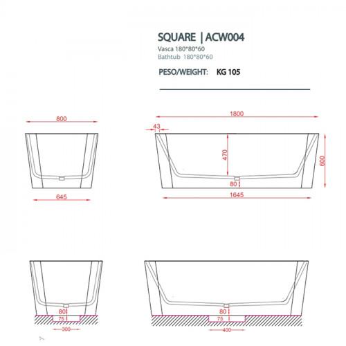 Artceram SQUARE Ванна отдельностоящая из сственного камня Livingtec 1180х80х60 см. со слив-переливом,цвет белый глянцевый