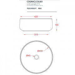 ARTCERAM COGNAC Раковина настольная 42 см, цвет матовый белый, Saniglaze
