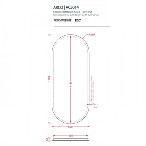 Artceram ARCO 120 Зеркало 50х120 см.с подсветкой