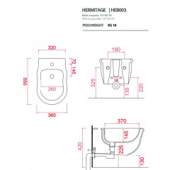 Artceram HERMITAGE Биде подвесное 36х55см с 1 отв под смеситель, с крепежом в комплекте, цвет белый
