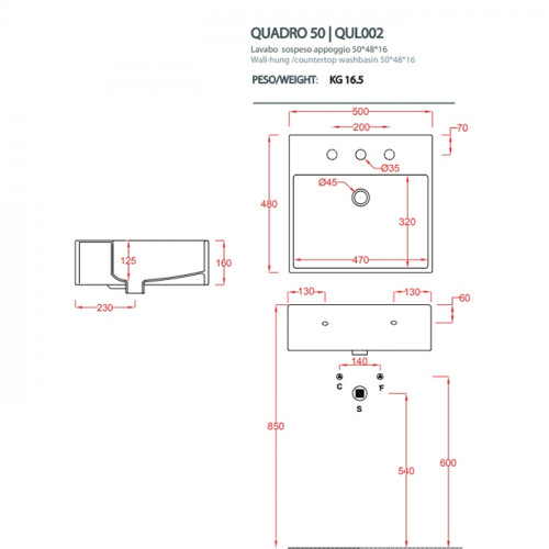 ARTCERAM QUADRO Раковина 500х480 мм., с 1 отверстием для смесителя, с переливом, цвет белый глянцевый, декор Cementina