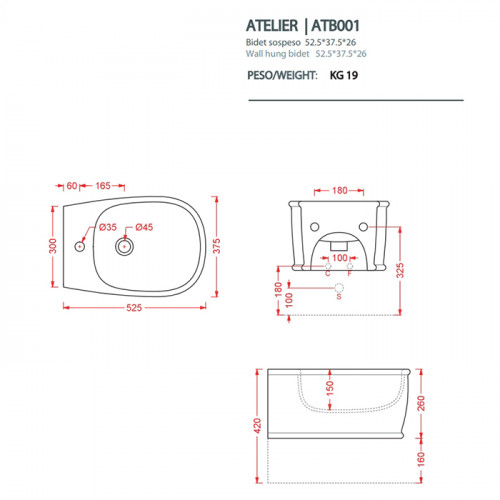 Artceram ATELIER Биде подвесное 52х37см, с 1 отв под смеситель, цвет: белый