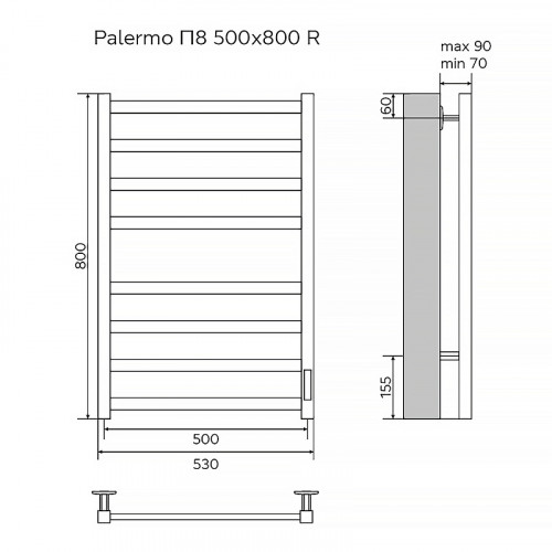 Полотенцесушитель электрический AZARIO PALERMO 500/800 квадрат, 8 секций, диммер справа, белый (AZ83858W)