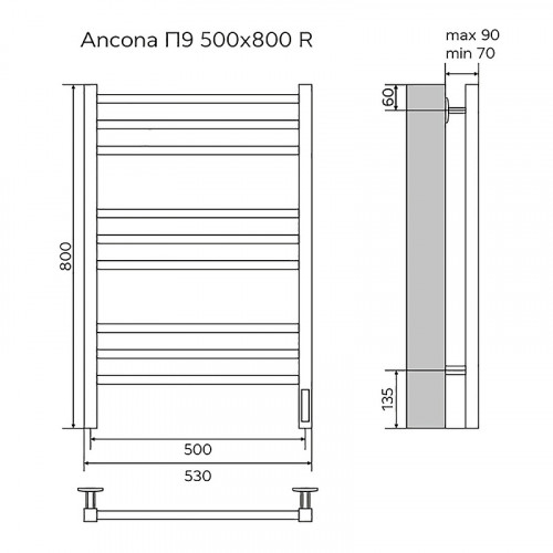 Полотенцесушитель электрический AZARIO ANCONA 500/800 квадрат, 9 секций, диммер справа, черный (AZ71858B)