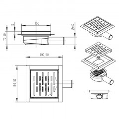 Трап для душа AZARIO 150х150 металлический, поворотный сифон 360°, перфорированная решетка, горизонтальный выпуск (AZZ3150)