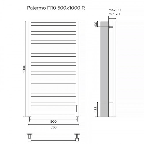 Полотенцесушитель электрический AZARIO PALERMO 500/1000 квадрат, 10 секций, диммер справа, белый (AZ83850W)