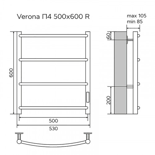 Полотенцесушитель электрический AZARIO VERONA 500/600 4 секции, диммер справа, хром (AZ04856)