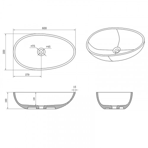 Раковина AZARIO 600x350x160 накладная из искусственного камня, белая матовая (AZ-1216S)