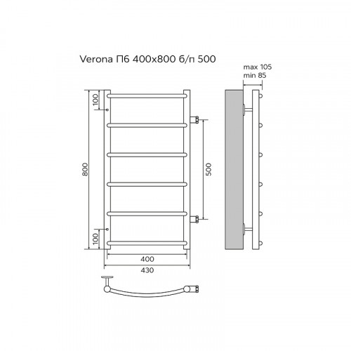 Полотенцесушитель водяной AZARIO VERONA 400/800 6 секций, боковое подключение, 1", хром (AZ04548)