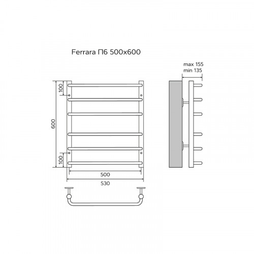Полотенцесушитель водяной AZARIO FERRARA 500/600 6 секций, нижнее/диагональное подключение, 1/2", хром (AZ09156)